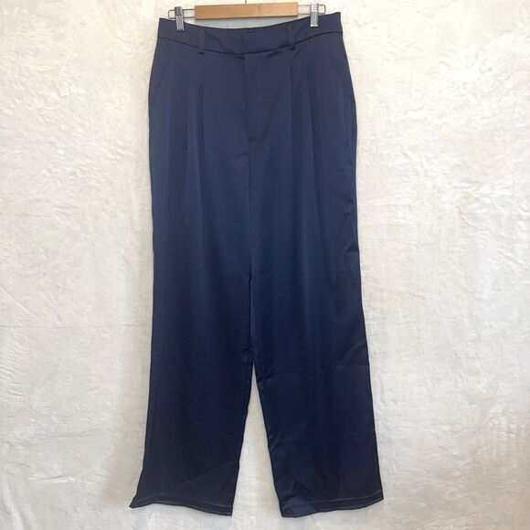 WAYF Pantsuit 2 Piece Satin Crop Tie Top Wide Leg Pants Navy Blue Large - Picture 6 of 14